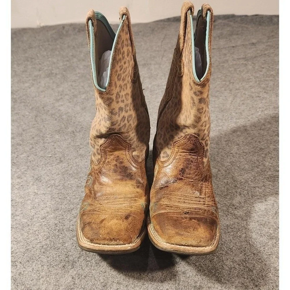 Ariat Boots Girls Size 2 Brown Leather‎ Western Leopard Cross Cowgirl Embroidery